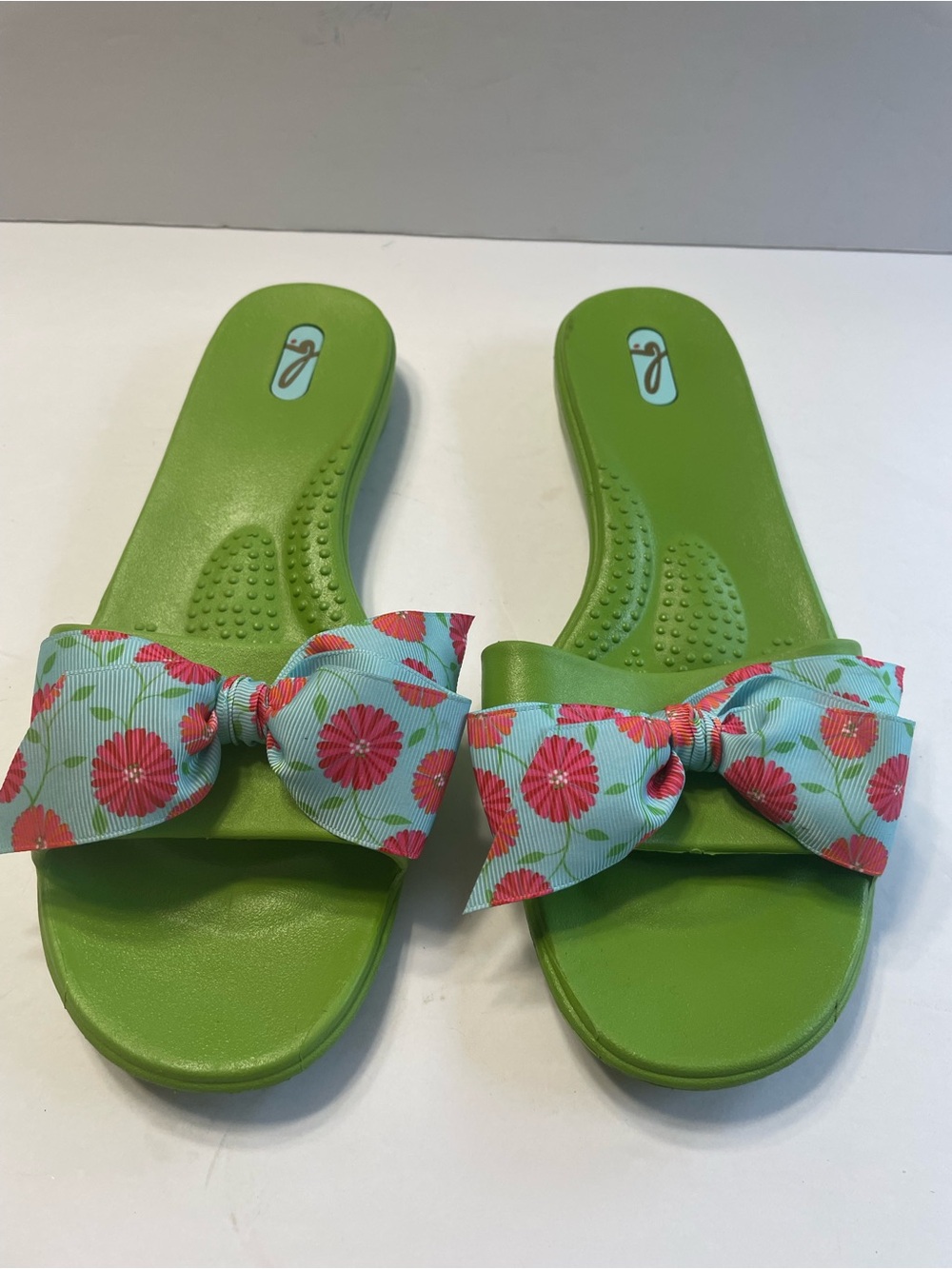 OKA b. Lime Green Slide Sandals with Floral Bow